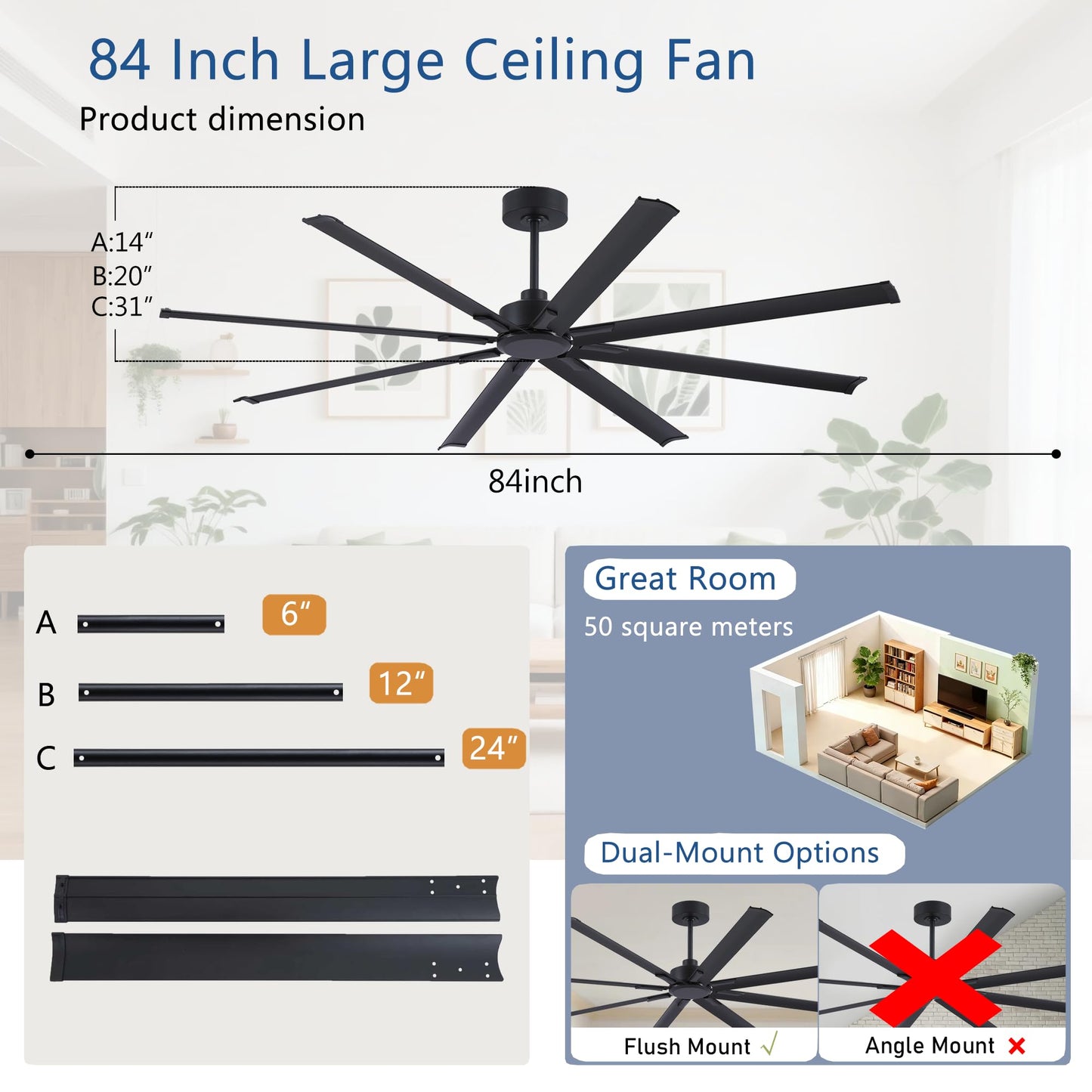 FUMLTP 84 inch Large Ceiling Fans No Lights with Remote Control,Black Modern Industrial Ceiling Fan for Garage Living Room Patio Farmhouse, 6 Speed Reversible Quiet DC Motor, Timer, 8 Blades.