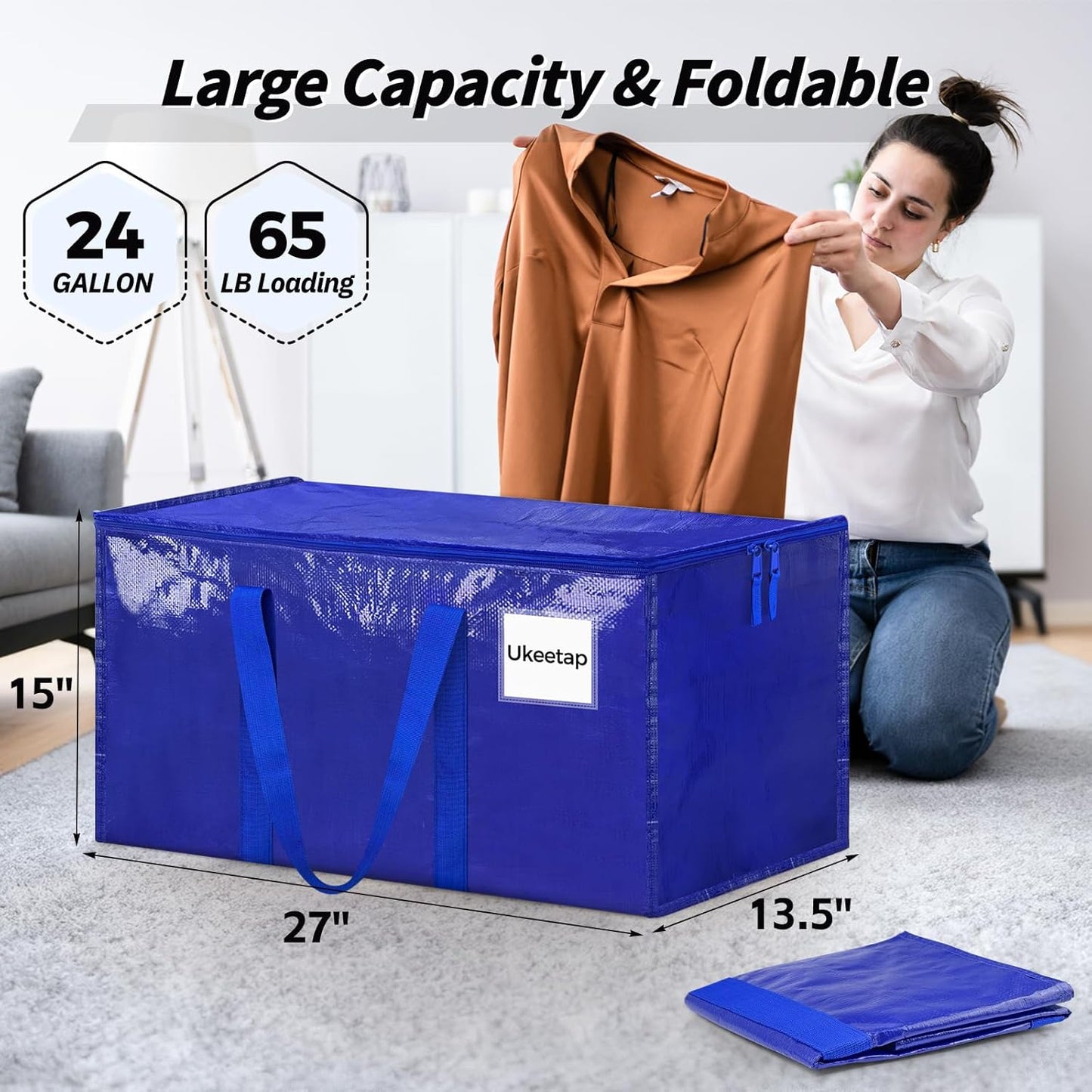Skiennix Extra Large Heavy-Duty Moving Bags - 8 Pack with Reinforced Handles & Zippers | Blue Storage Totes for Clothes & College Supplies
