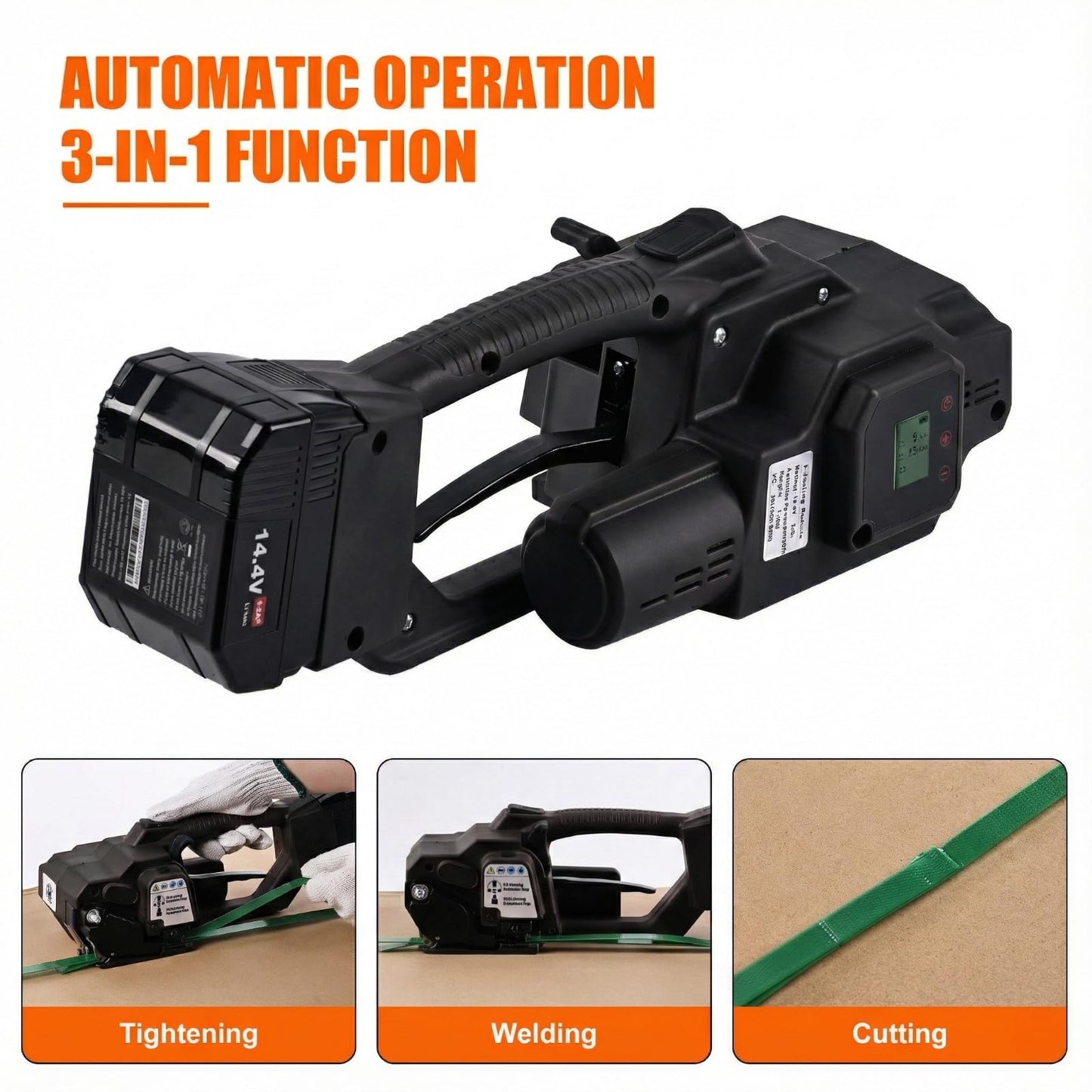 Electric Strapping Machine – 4,500N Tensioner, LCD Display, 4,000mAh Battery, Automatic Portable Banding Tool Kit for 1/2–5/8" PET/PP Straps, Pallet & Box Packaging (Black, 2 x 4,000 mAh Battery)