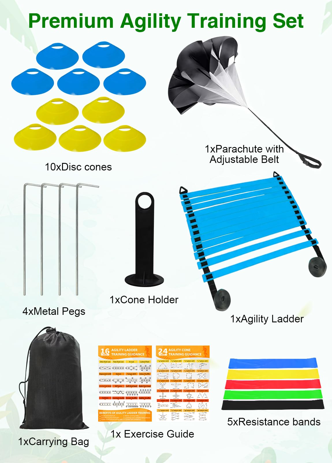 Panykoo Speed Agility Training Equipment Set - 20ft Agility Ladder, 10 Disc Cones, Resistance Parachute, 5 Resistance Bands & Carry Bag | Football Soccer Basketball Fitness Drills for Kids Adults