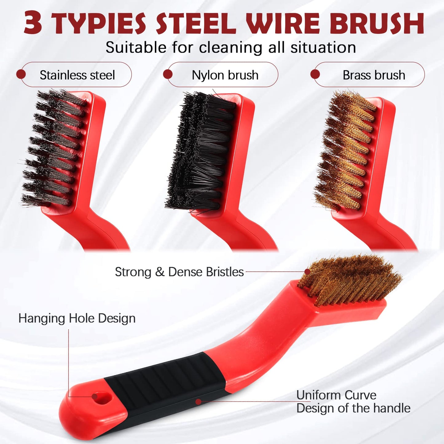 Sumind 30 Pcs Wire Cleaning Brush Set Nylon/ Stainless Steel/ Brass Metal Brush with Curved Handle Grip Paint Remover for Cleaning Rust Grout Cleaner (Nylon, Brass, Stainless Steel)