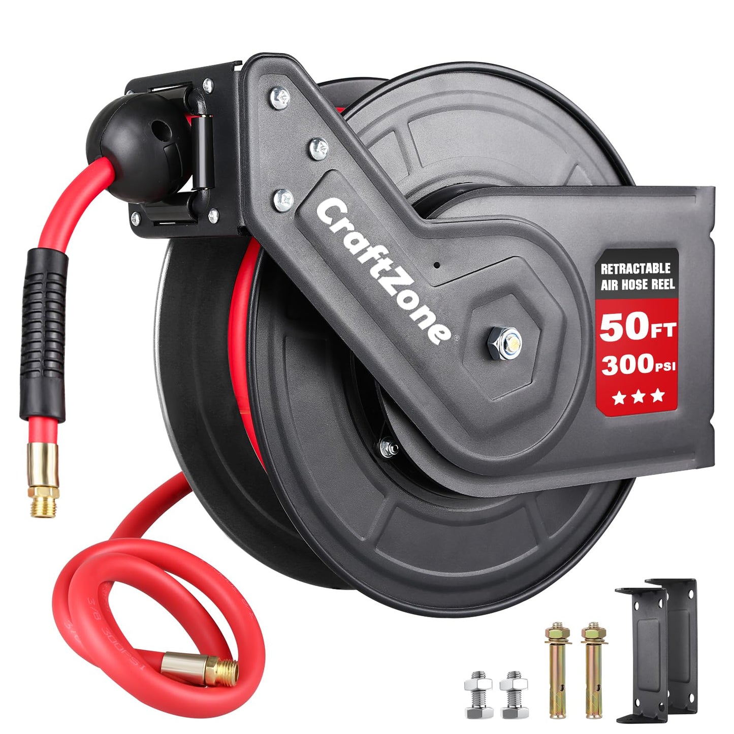 Retractable Air Hose Reel | Rewind 50 ft x 3/8 in Hybrid Air Hose Max 300PSI | Heavy Duty Air Compressor Hose Reel with Auto Rewind and Bracket | Ceiling|Wall Mount for Garage|Workshop|Home Studio