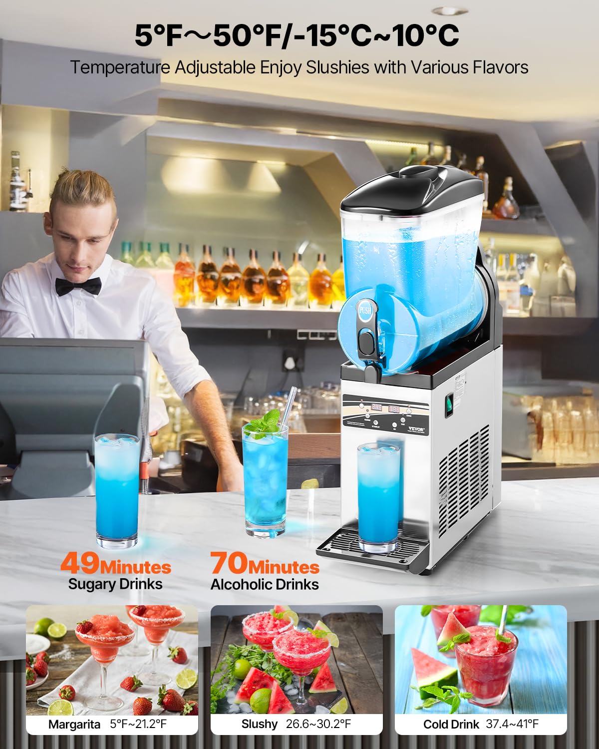 VEVOR Slushie Machine, 15L Single Tank Commercial Margarita Machine, 60 Cups Stainless Steel Margarita Smoothie Frozen Drink Machine, Slushy Machine for Home Party Restaurants Cafe Bars