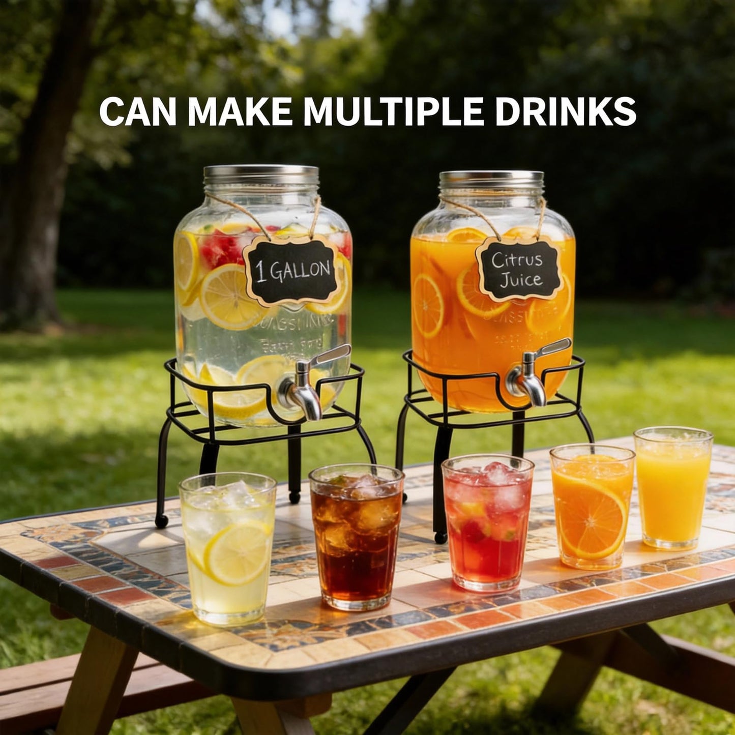RuileMei 2 Pack1 Gallon Glass Drink Dispensers For Parties,Beverage Dispenser with Stand,304 Stainless Steel Spigot Leakproof,Lemonade Dispenser for Sun Tea, Homemade Juice