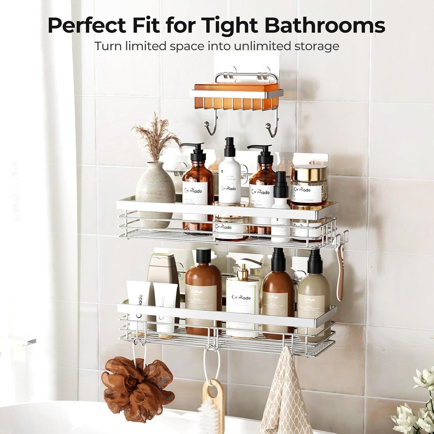 Orimade Shower Caddy | Wall-Mounted Soap Dish Holder with 5 Hooks - Stainless Steel, 3 Pack, Silver