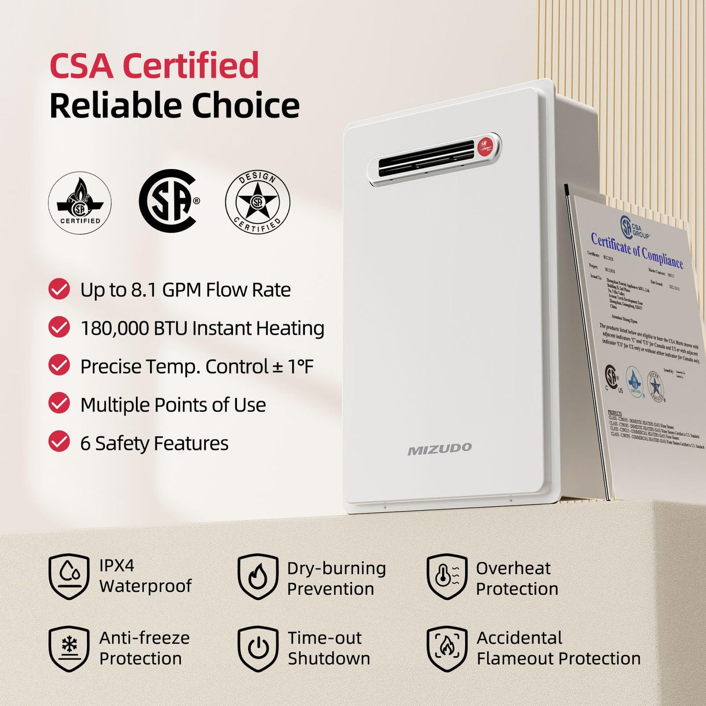 MIZUDO 180,000 BTU Propane Gas Tankless Water Heater, Outdoor Installation Up to 8.1 GPM, CSA Certified Instant Hot Water Heater for Residential Whole House, GEN 3