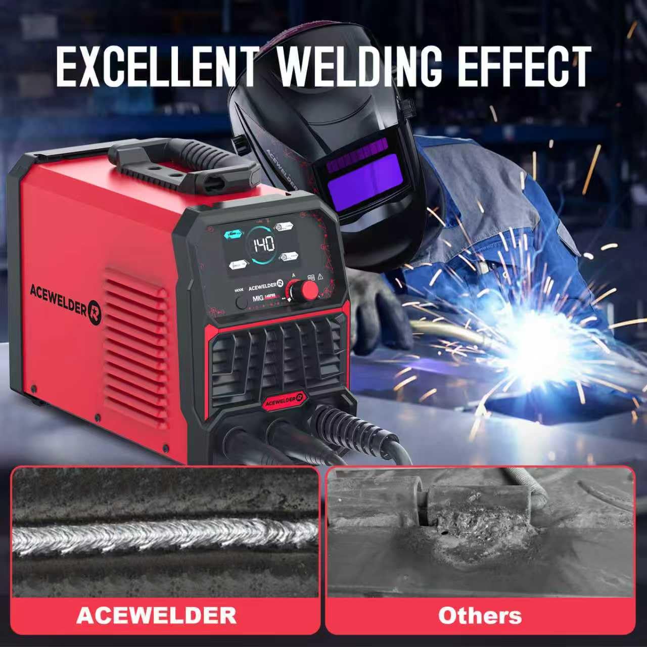 ACEWELDER 140A MIG Welder, 3 in 1 Flux Core, MIG/LIFT TIG/Stick Welding Machine 110V Portable IGBT Inverter Synergic Control, LED Display with Welding Helmet