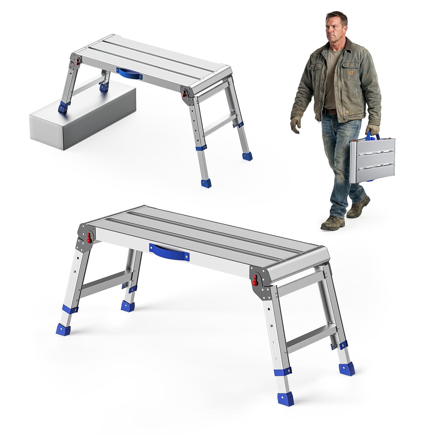 Loyoda Work Platform for Adults, Aluminum Foldable Long Step Stool Adjustable Height, Lightweight and Durable Portable Outdoor Aluminum Step Ladder, Maximum Load Capacity of 800 Pounds.