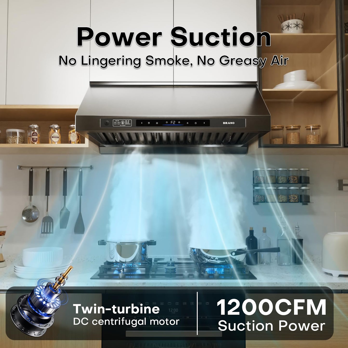 BRANO 30inch Under Cabinet Range Hood with 1200 CFM Power, Stainless Steel Ducted Vent Hood with Voice & Gesture Control, PVD Titanium Plated Finish, 6 Speed, DC Motor(30inch)