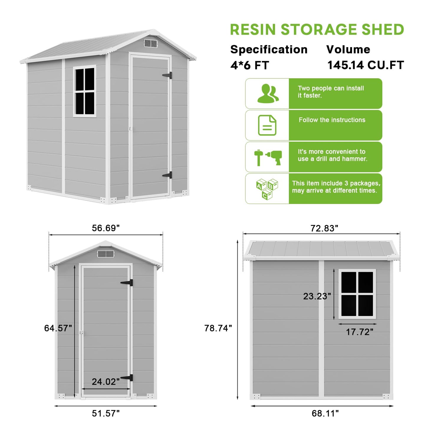 4x6 FT Outdoor Storage Shed with Floor & Window, All-Weather Resin Garden Tool Shed, Waterproof Plastic Garden Shed with Lockable Door, Vents & Roof Rainwater Drainage for Backyard, Garden, Poolside