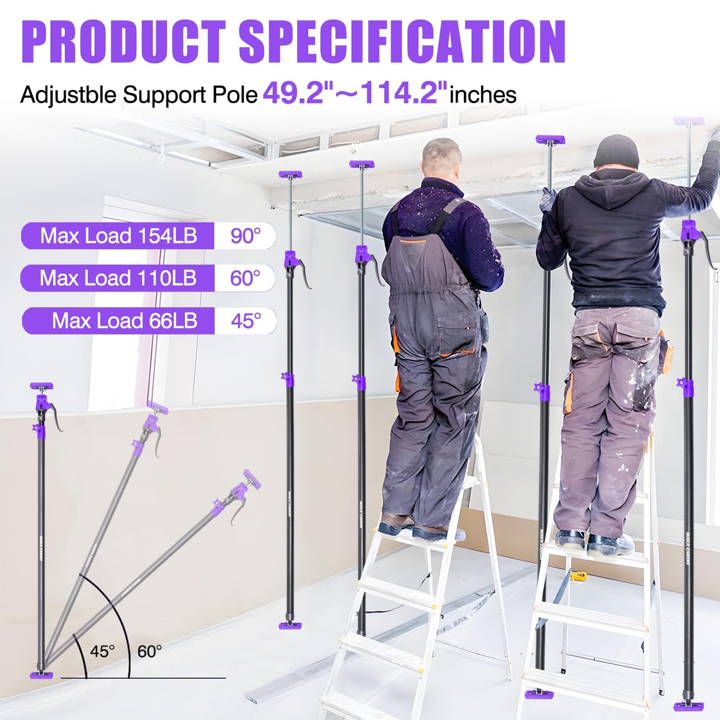 Quality Steel Adjustable Cabinet Jack Support Pole, Quick Support Rod & Drywall Jack, Zip wall Dust Barrier Poles, 3rd Hand Support System 154LB, Cabinet Installations from 49.2-114.2 in, 4-Pack