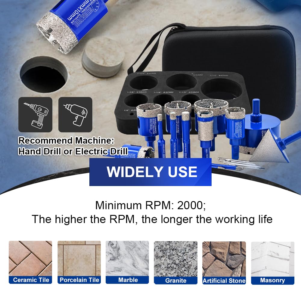 SHDIATOOL Tile Diamond Drill Bits Kit, Porcelain Hole Saw Sets, Ceramic Core Bits Cutter Drilling for Stone Marble Granite 16pcs(6/8/10/25/28/32/35/45/65MM/20MM/2/6/6MM)