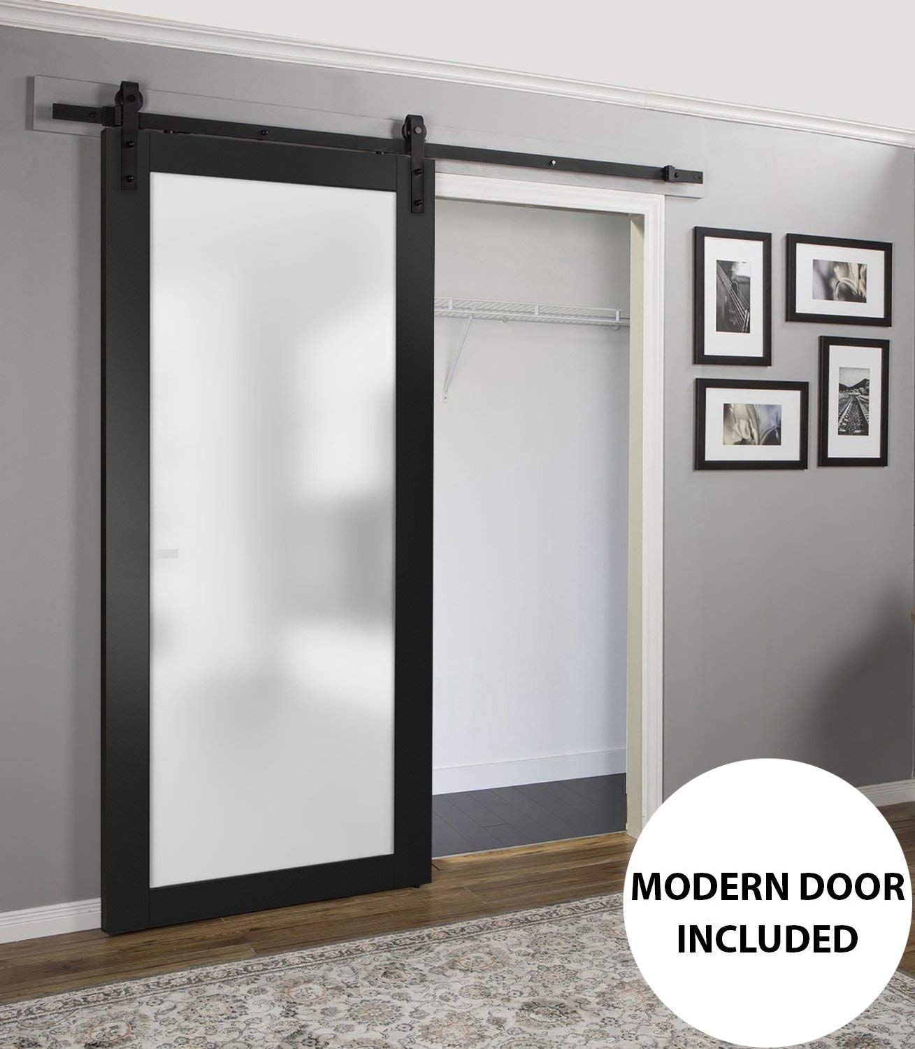 SARTODOORS Planum 2102 | Interior Single Sliding barn Door with Frosted Glass, Solid Wood, 24x96, Black, Modern Style | Hardware Included