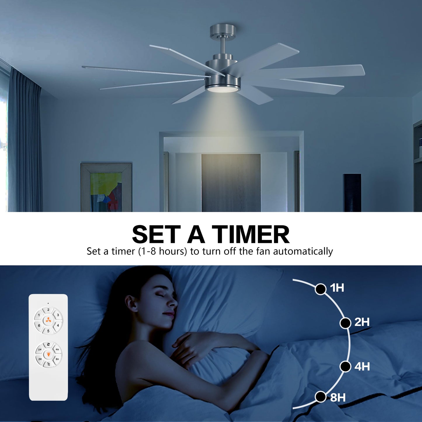 WINGBO 72" Large DC Ceiling Fans with Lights and Remote, 3 Downrods, 8 Plywood Blades, 6-Speeds Reversible DC Motor, 3CCT, Indoor Ceiling Fan for Bedroom Living Room Patio, Brushed Nickel and Silver