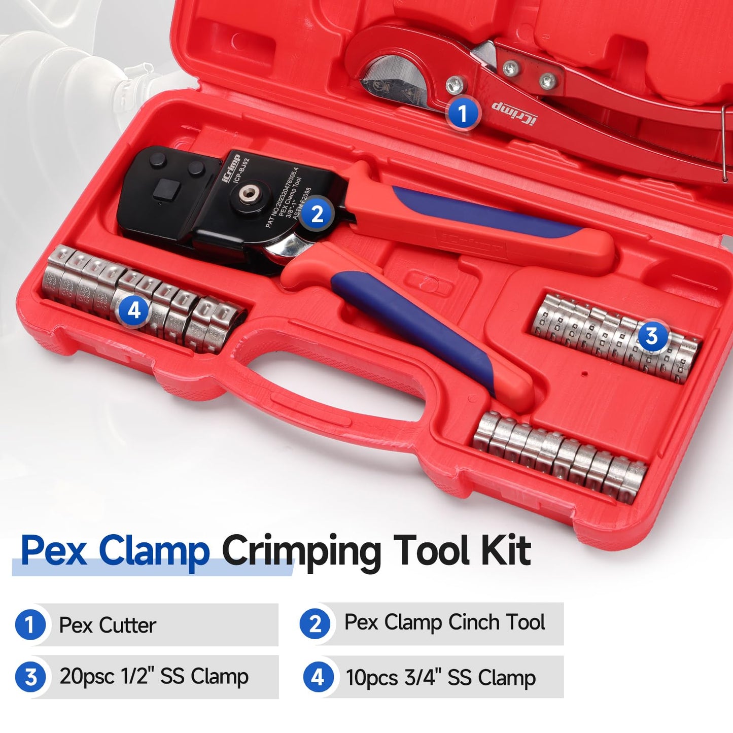 iCrimp One-Hand Crimping Tool Meets ASTM F2098, PEX Clamp Cinch Tool Kit with 20PCS 1/2-in, 10PCS 3/4-in PEX Clamps and Pipe Cutter- All in One