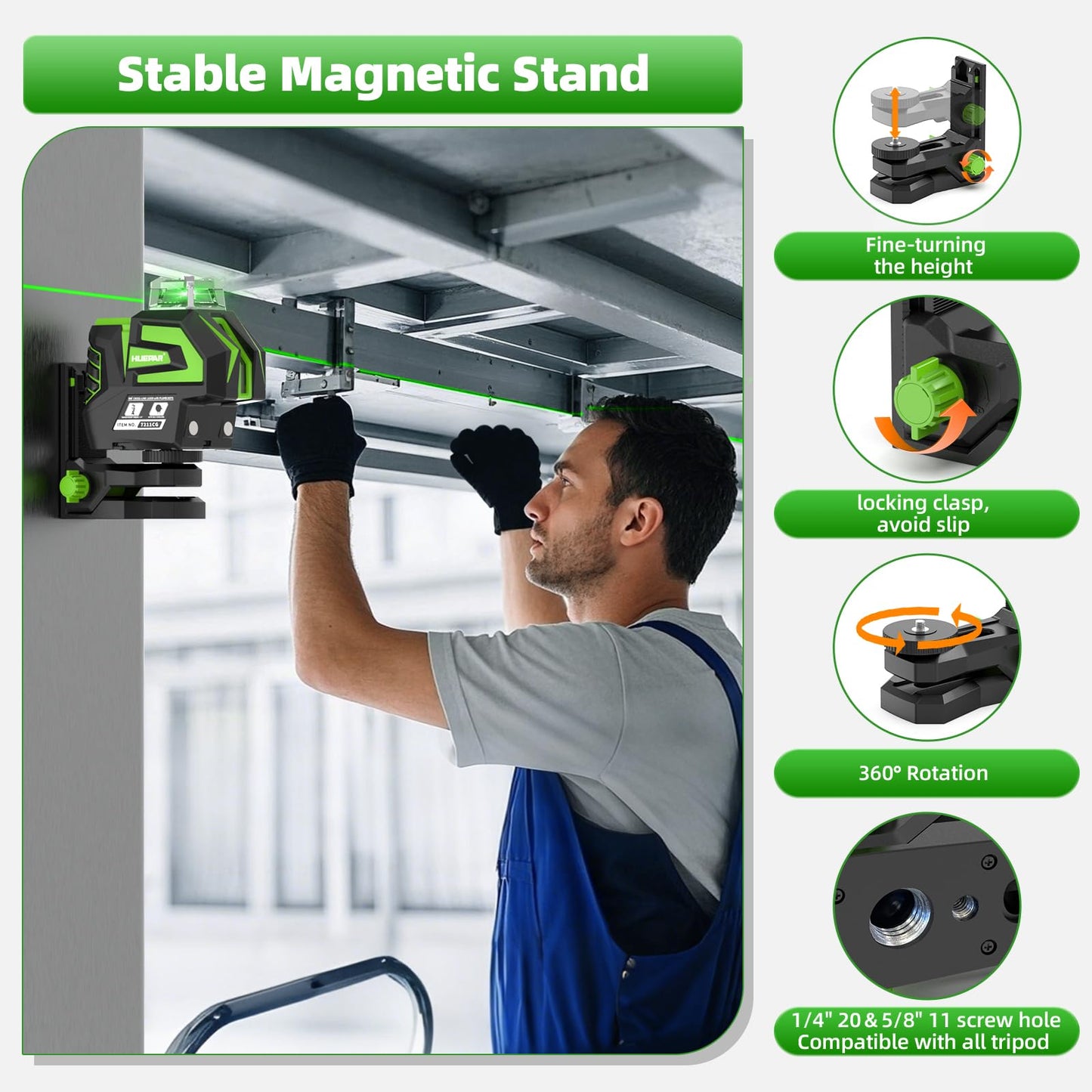 Huepar Self Leveling Laser Level Green Cross Line Laser Tool with 2 Plumb Dots, Fathers Days Dad Gifts-360° Horizontal Line&140° Vertical Level Laser with Up&Down Points -Magnetic Bracket&AA Batteries