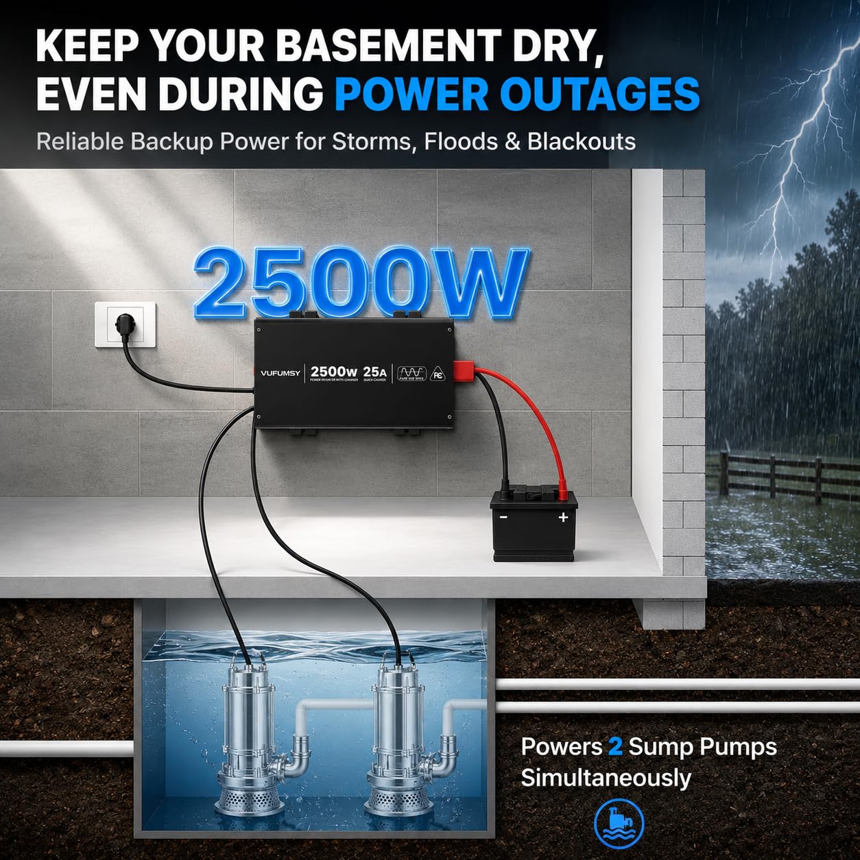 2500W Sump Pump Battery Backup System, Dual Pump Backup (1HP + 1/3HP), Pure Sine Wave Inverter, 15ms Automatic Transfer Switch, Basement Flood Protection, Works with Lithium/AGM/Lead Acid, Black