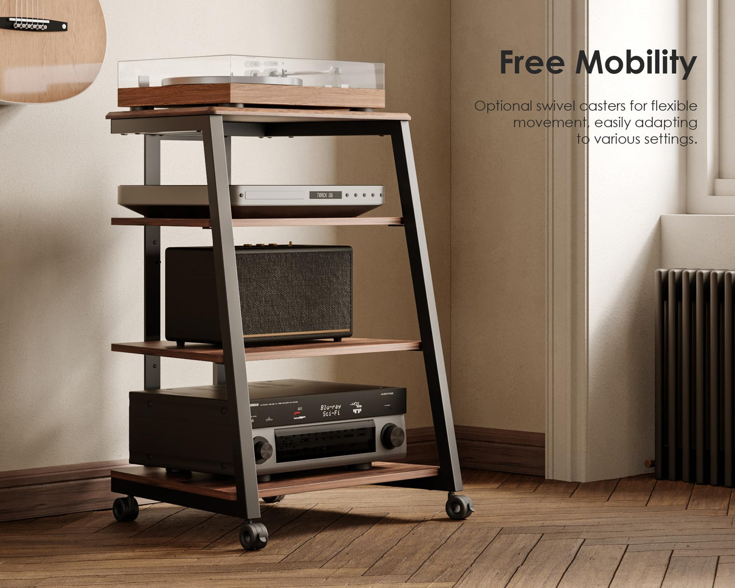FITUEYES Design 4-Tier AV Media Stand Corner Shelf for Record Player Wooden Stereo Cabinet Audio Rack Tower with Height Adjustable Wooden Shelves for ps4 (Walnut)