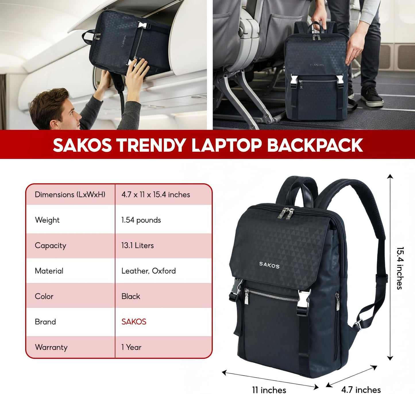 14 Inch Backpack SAKOS TRENDY Book Bags For Women, Laptop For Women, Business Professionals, Personal Item TSA