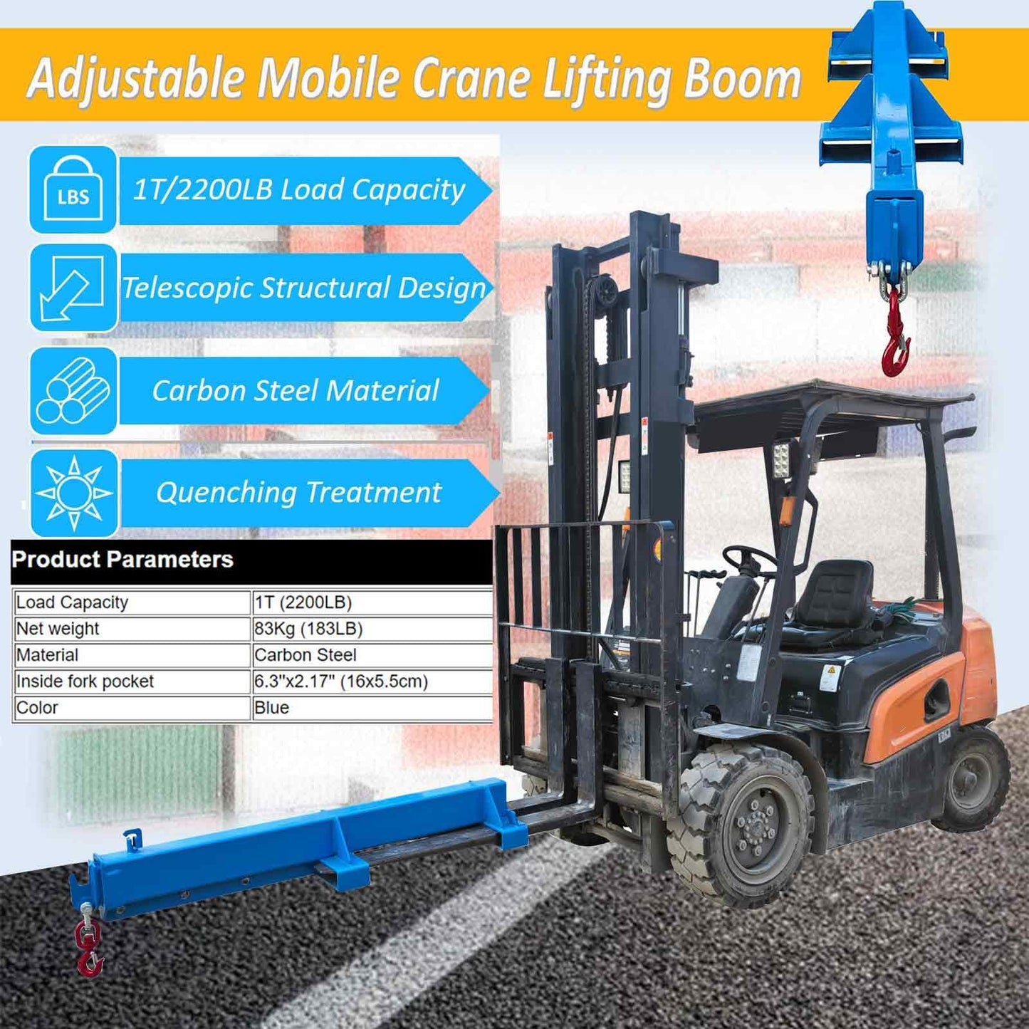 BEILOCKERY Adjustable Forklift Jib Boom Crane with Telescopic Arm, 2200 lbs Heavy Duty Mobile Crane, Includes Truss Hoist and Hook for Industrial Lifting and Towing, Max Reach 98.4 Inches