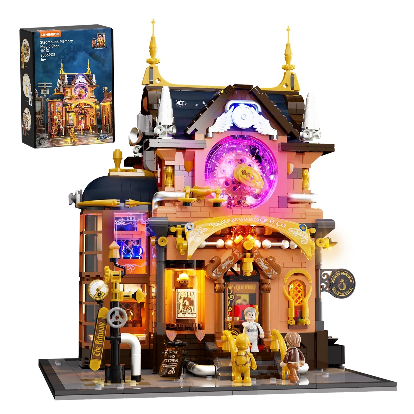 Lumibricks Steampunk Memory Magic Shop Lighting Building-Bricks Set, 2056 Pcs Modular Building from Chrono Custodians Collection Display Set for Adults and Steampunk Lovers