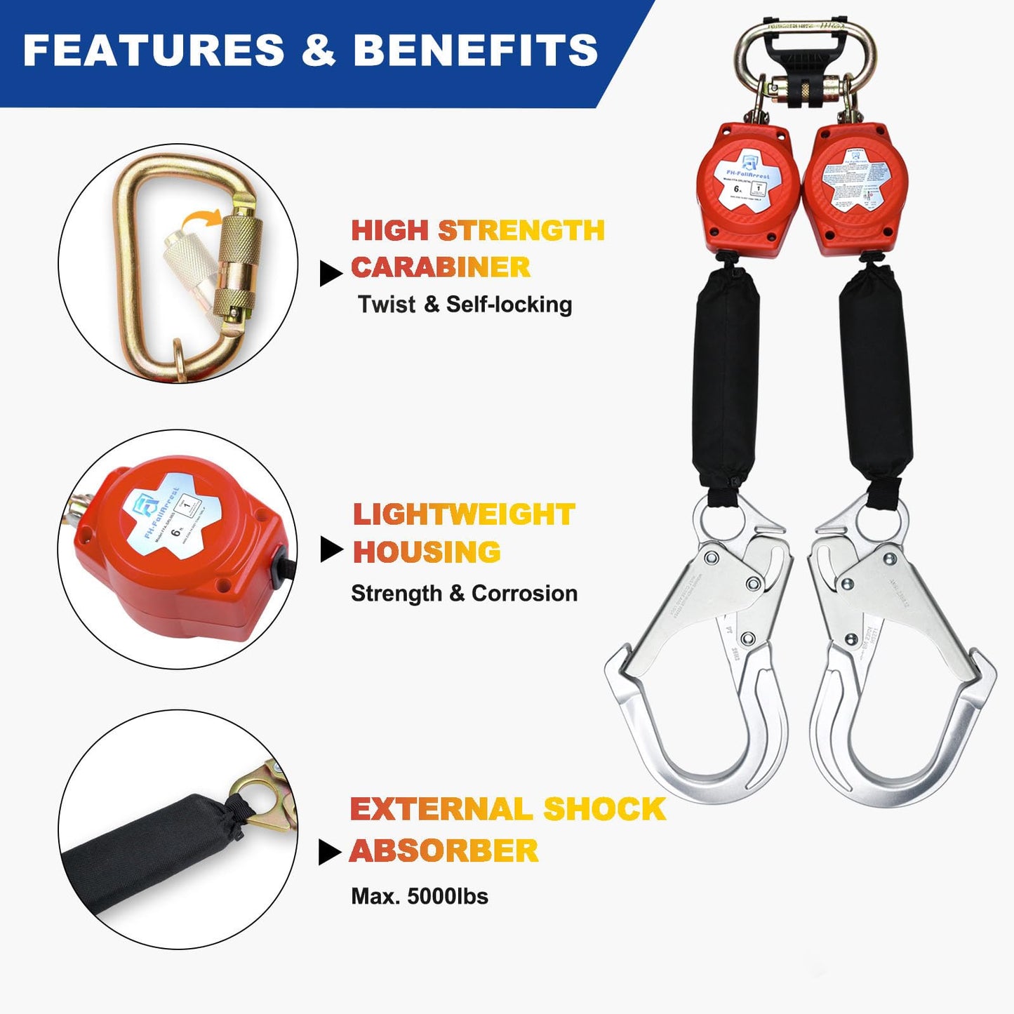 FHFallArrest Self-Retracting Lifeline,Fall Protection 6 Foot Double Web Leg Retractable Lanyard,Steel Snap Hook & Steel Carabiner,ANSI & OSHA Compliant SRL (Dual Rebar Hooks & Carabiner)