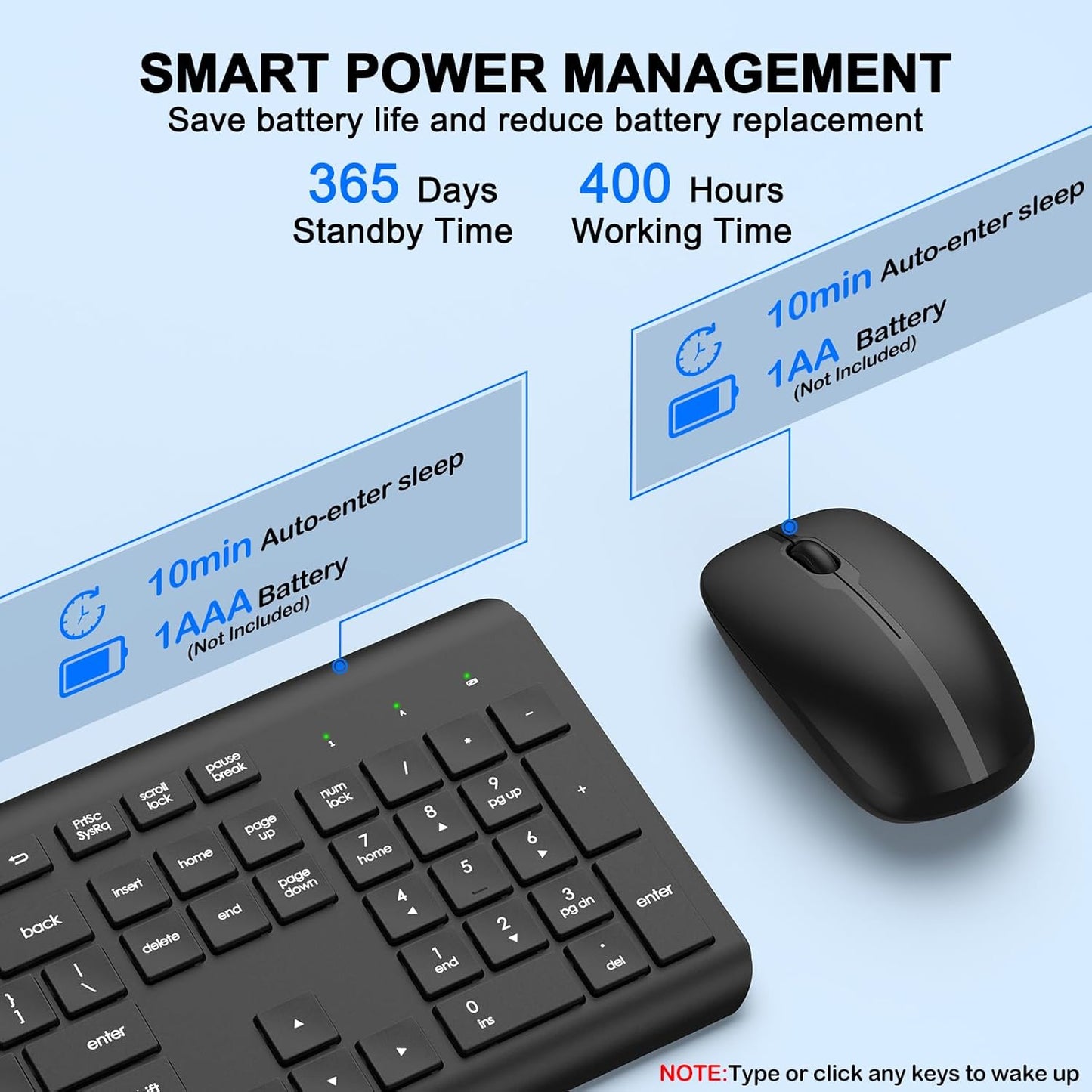 QUASIO 2.4GHz Wireless Keyboard and Mouse Combo, Full-Size Silent Ergonomic Keyboard and Optical Mouse, Long Battery