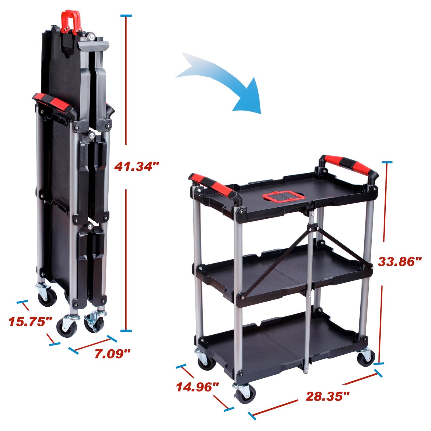 CRAFTZONE Folding Service Cart,Rolling Utility Cart,330 LBS Collapsible Service Cart,3 Shelf Heavy Duty Foldable Tool Cart