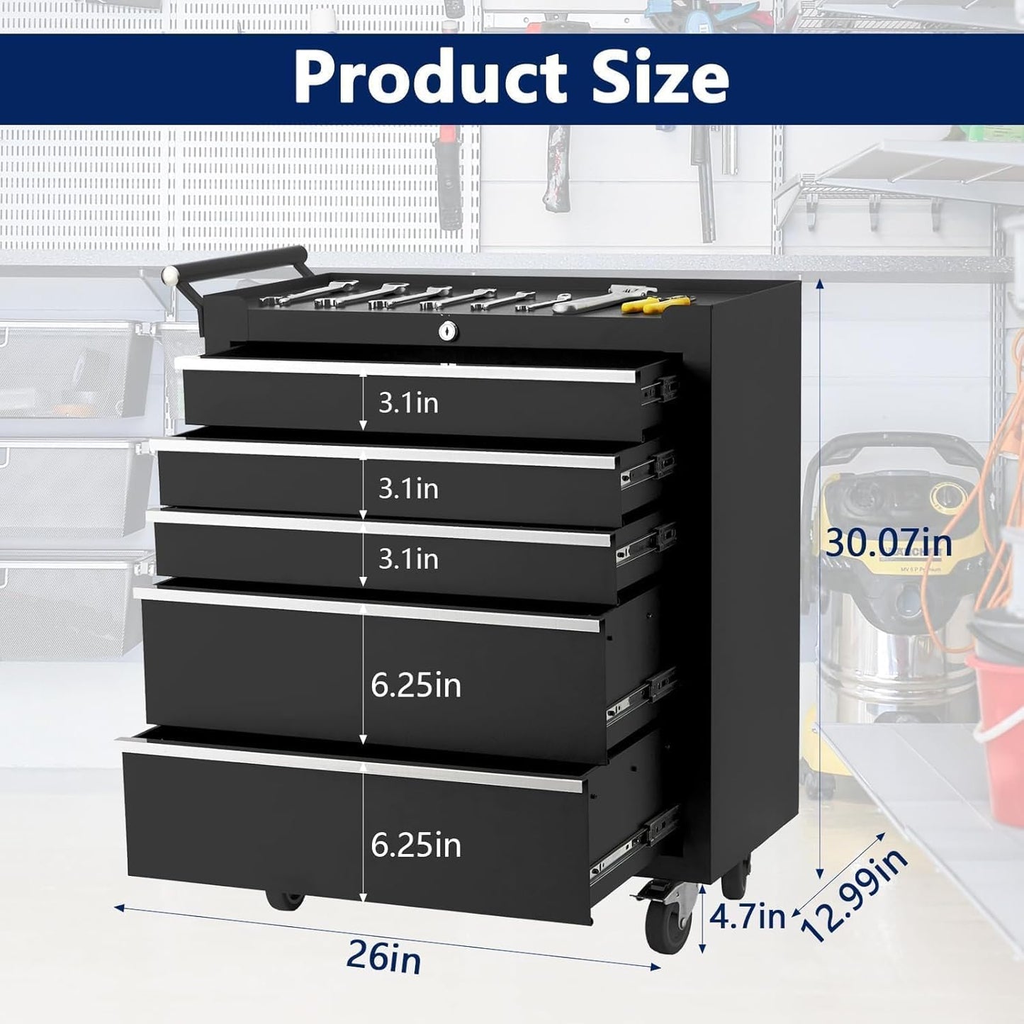 Garvee Rolling Tool Chest, 5 Drawers Tool Storage Cabinet, Toolbox with Wheels, Portable Tool Cabinet Organizer with Locking System & Drawer Liners, Tool Storage Cart for Garage, Workshop, Black