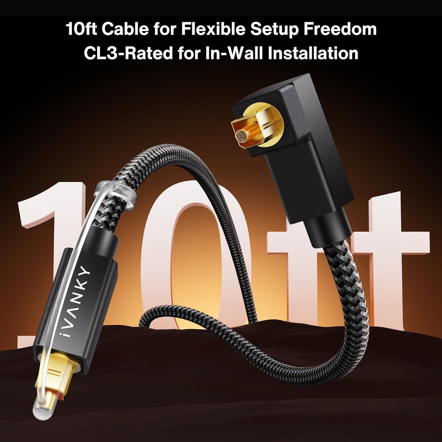 10ft/3M 24K 90 90 PS5, IVANKY Right Angle Optical Audio Cable, Gold-Plated Degree Toslink Digital Fiber Optic Cable