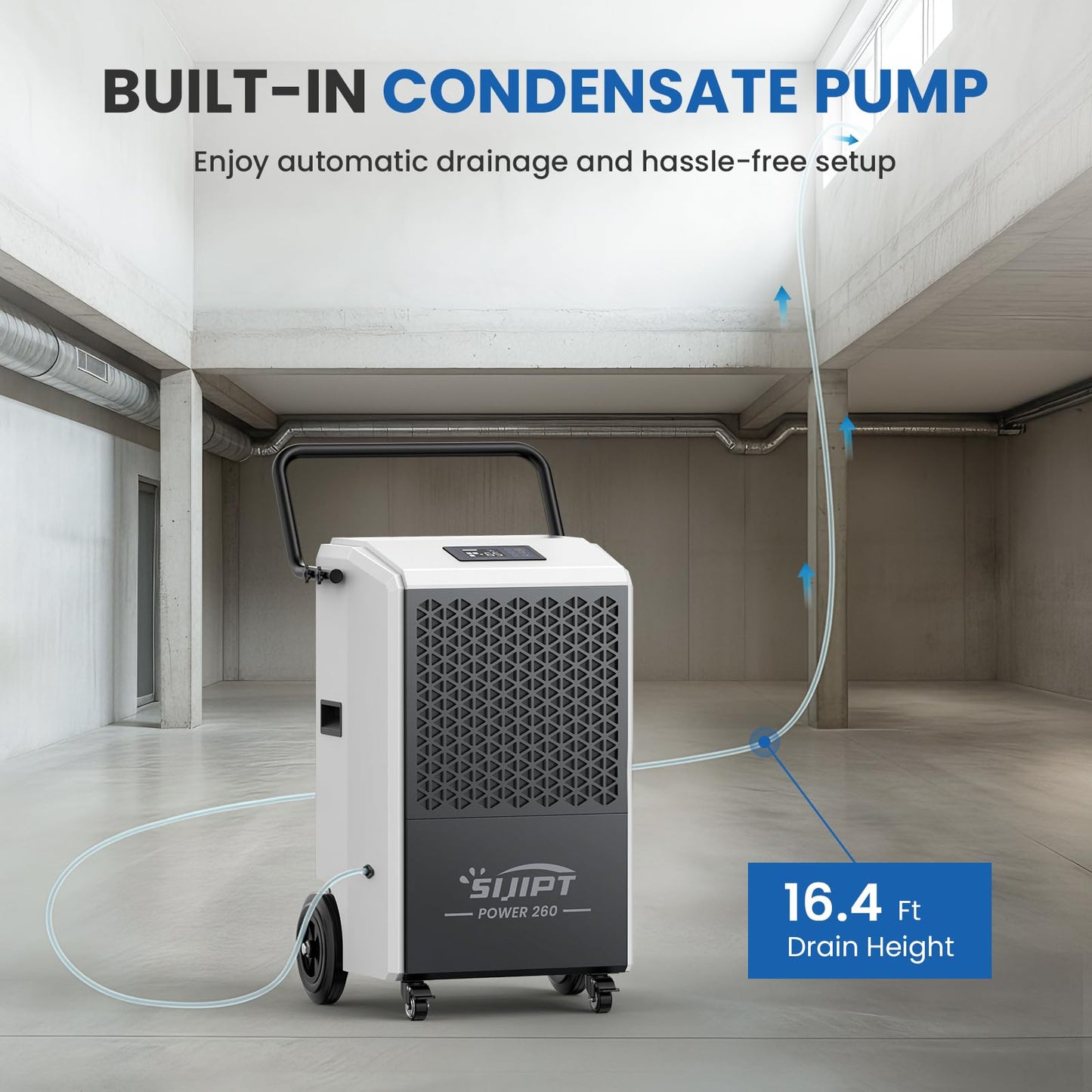 Commercial Dehumidifier with Pump, 260 Pints Industrial Dehumidifier for Basements, Industrial or Commercial Spaces, and Flood Restoration up to 8,500 Sq Ft with Auto Defrost