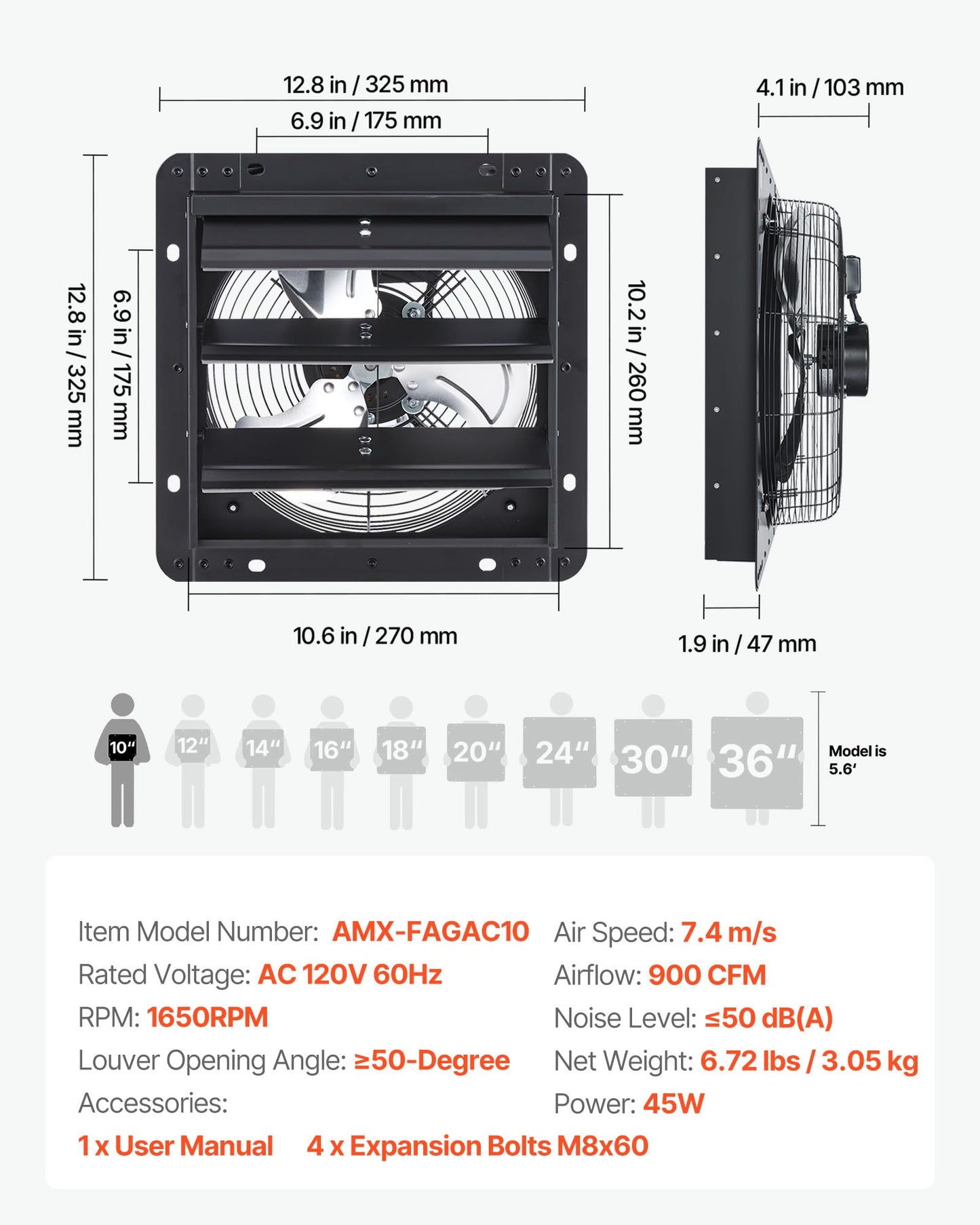 VEVOR 10'' Exhaust Fan, Wall Mounted Attic Fan with Variable Speed controller, 900 CFM, Automatic Shutter, Ventilation and Cooling, Black