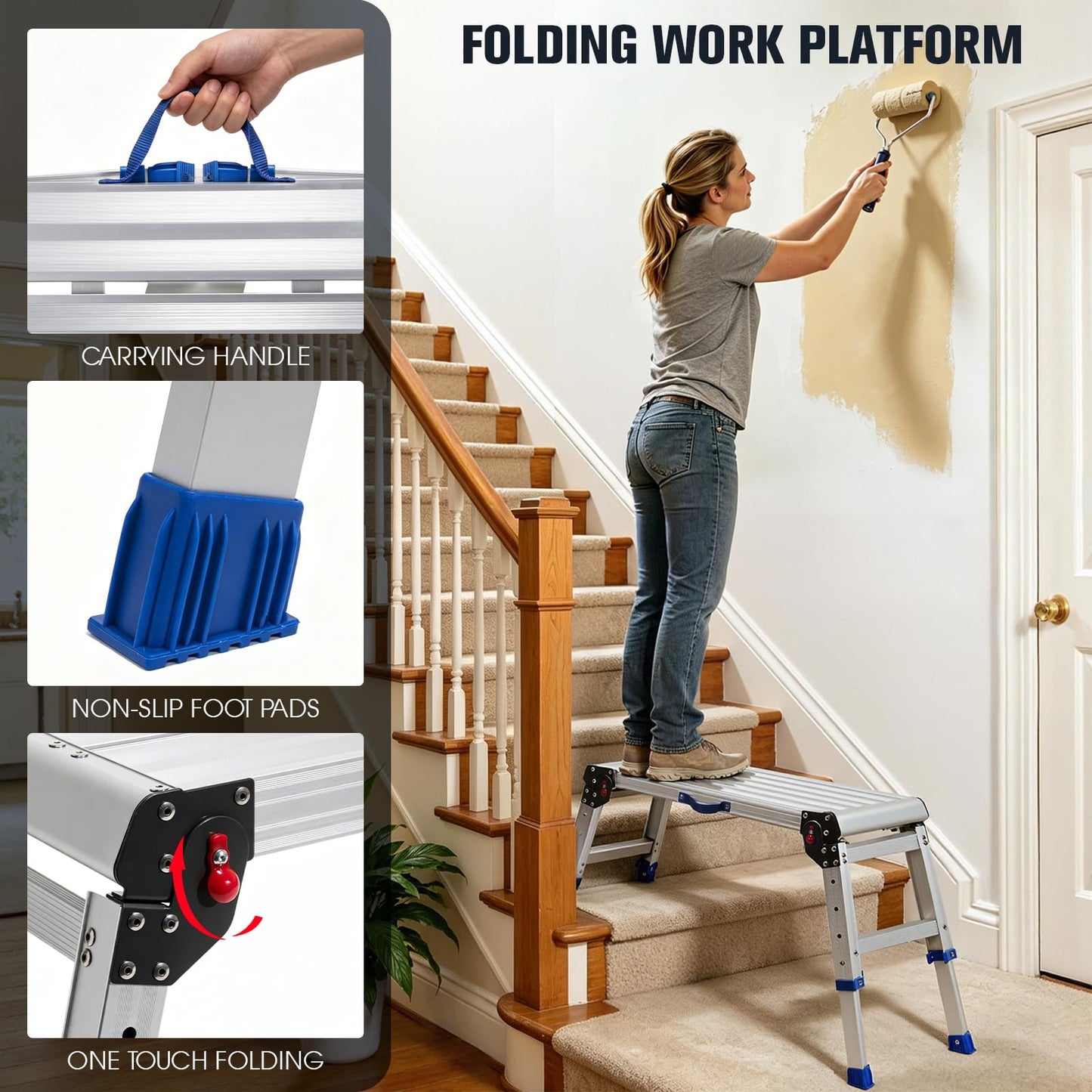 Aluminium Work Platform 660 Lbs, Portable Scaffolding Platform with One-Touch Automatic Fold, 4 Height Adjustment Step Stool, Perfect for RV Cleaning, Home Painting and Reaching High Places, Upgraded