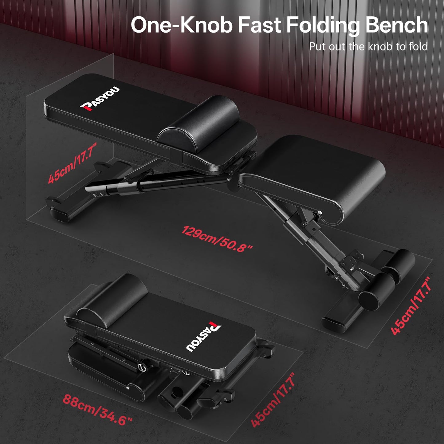 PASYOU Adjustable Weight Bench for Home Gym, Foldable Strength Training Bench with 880 lb Capacity, Incline Decline Flat Positions with Lumbar Support, Compact Workout Bench for Small Spaces