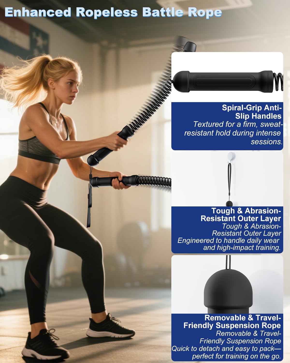 Ropeless Battle Ropes for Home Gym: 2PCS Upgraded Weighted Portable Cordless Battle Ropes for Strength Building, Workout, HIIT and Low-Impact Aerobic Training for Men & Women, Black