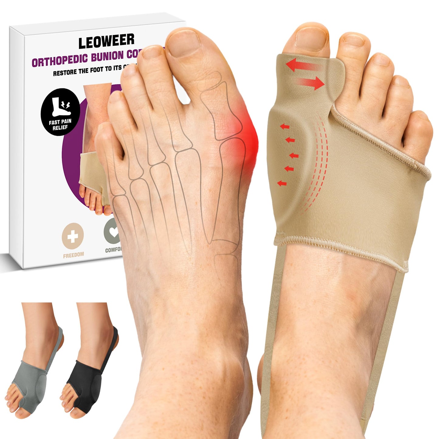 LEOWEER Bunion Corrector Sleeve, Breathable Bunion Big Toe Alignment Splint with Anti-Slip Heel Grip,4 Sizes,Extra Thick Gel Pads & Adjustable Straps for Hallux Valgus Comfort. (Beige, XL: MEN 10-13)