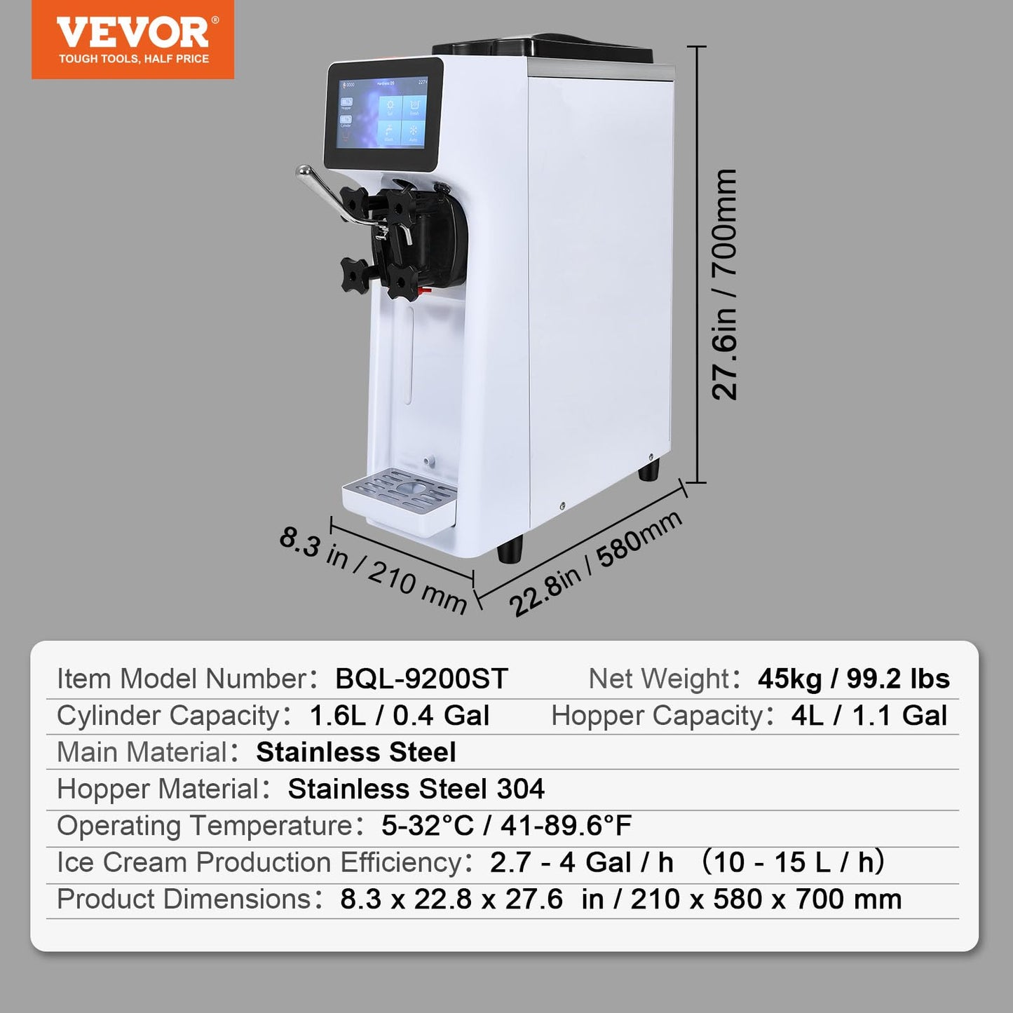 VEVOR Commercial Ice Cream Machine, 1000W Single Flavor Soft Serve Ice Cream Maker, 10.6 QT/H Yield, 4L Hopper & 1.6L Cylinder, Touch Screen, Auto Clean & Pre-Cooling, Countertop Restaurant Snack Bar