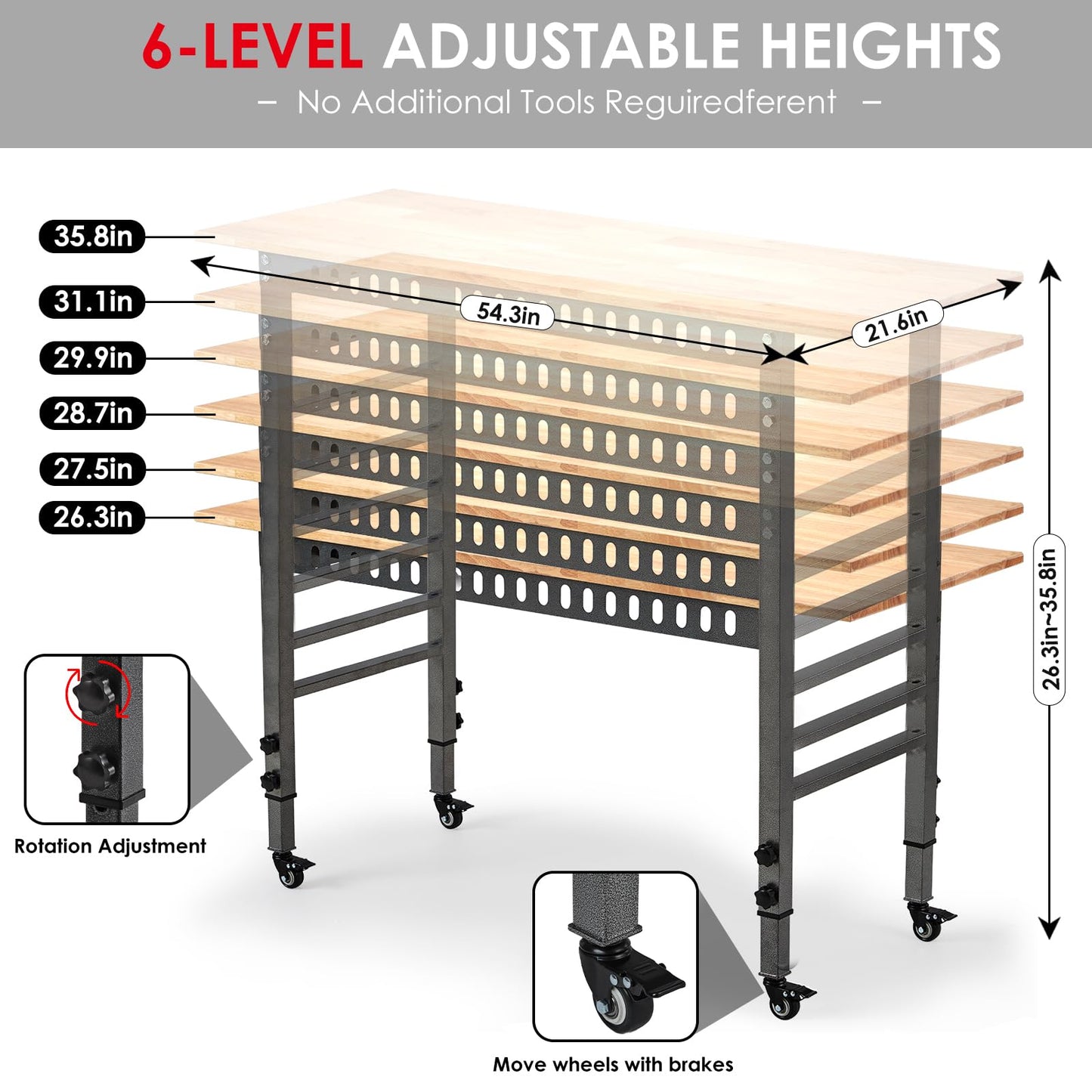 OLBRUS 54.3 "Adjustable Workbench with Power Outlet, Heavy Duty 2000 LBS Load Capacity Hardwood Workbench Suitable for Workshop, Office, Garage, Home (Metal Wheels丨Power Outlets 54.3"x21.6")