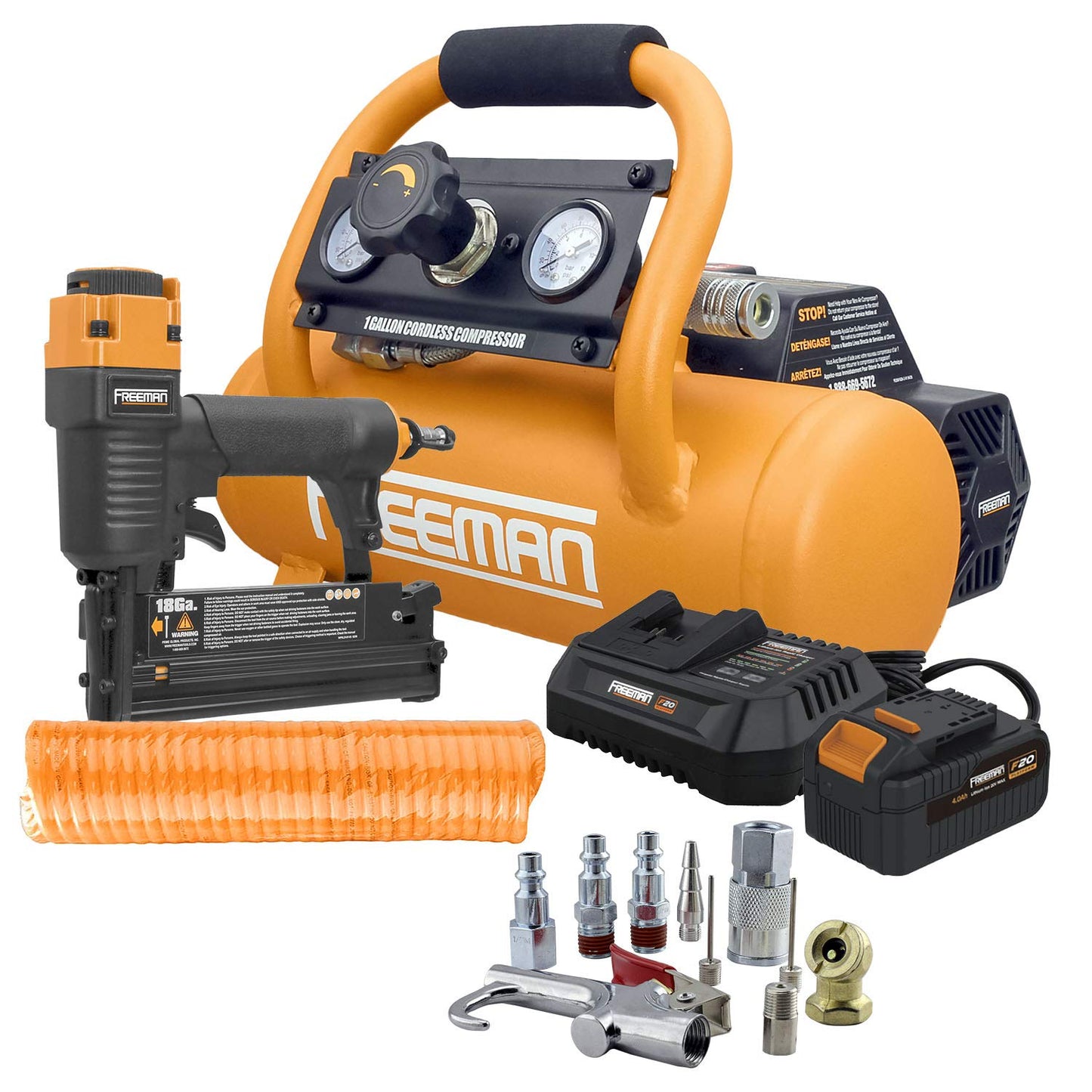 Freeman PE1GCCK 20V Cordless 1 Gallon Air Compressor with 3-in-1 Pneumatic Finish Nailer/Stapler, Battery, Charger, Air Hose, Inflation Accessory Kit and Fasteners (600 Count) – 700 Shots per Charge