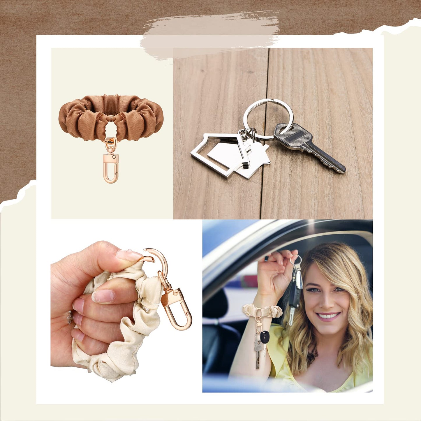 Jadive 3 Pcs Scrunchie Keychain Wristlet Cute Bracelet Stretchy Car Keyring Wrist Holder for Women Gym Travel Shopping(Black Khaki Brown,Cute Style)