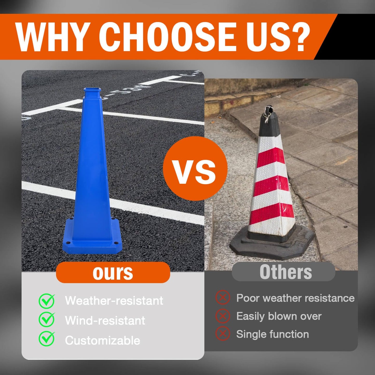 OranclUS 6 Pack 36 Inch 4-Sided Safety Cone, “ADA Reserved Parking” Blue Traffic Cone, Extra Tall High Visibility Durable PVC Stackable Safety Cones (6, Blue-ADA Reserved Parking, 36inch Printed)