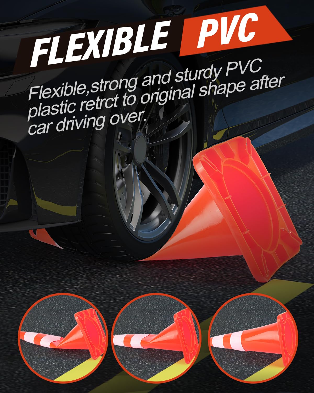 RoadHero 10 Pack Traffic Cones 28 Inch Safety Cones with Reflective Collar Orange Cones with Handle Plastic PVC Heavy Duty Cones for Parking Lot, Driving Training