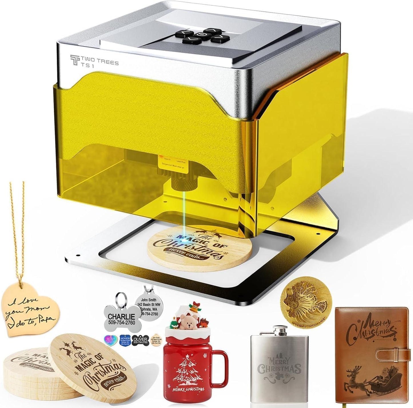 Twotrees TS1 Mini 3W Laser Engraver, Fully Enclosed Safe Design 80x80mm, 1kg Ultra-Portable Bluetooth APP Control for DIY Small Gifts Family Classroom