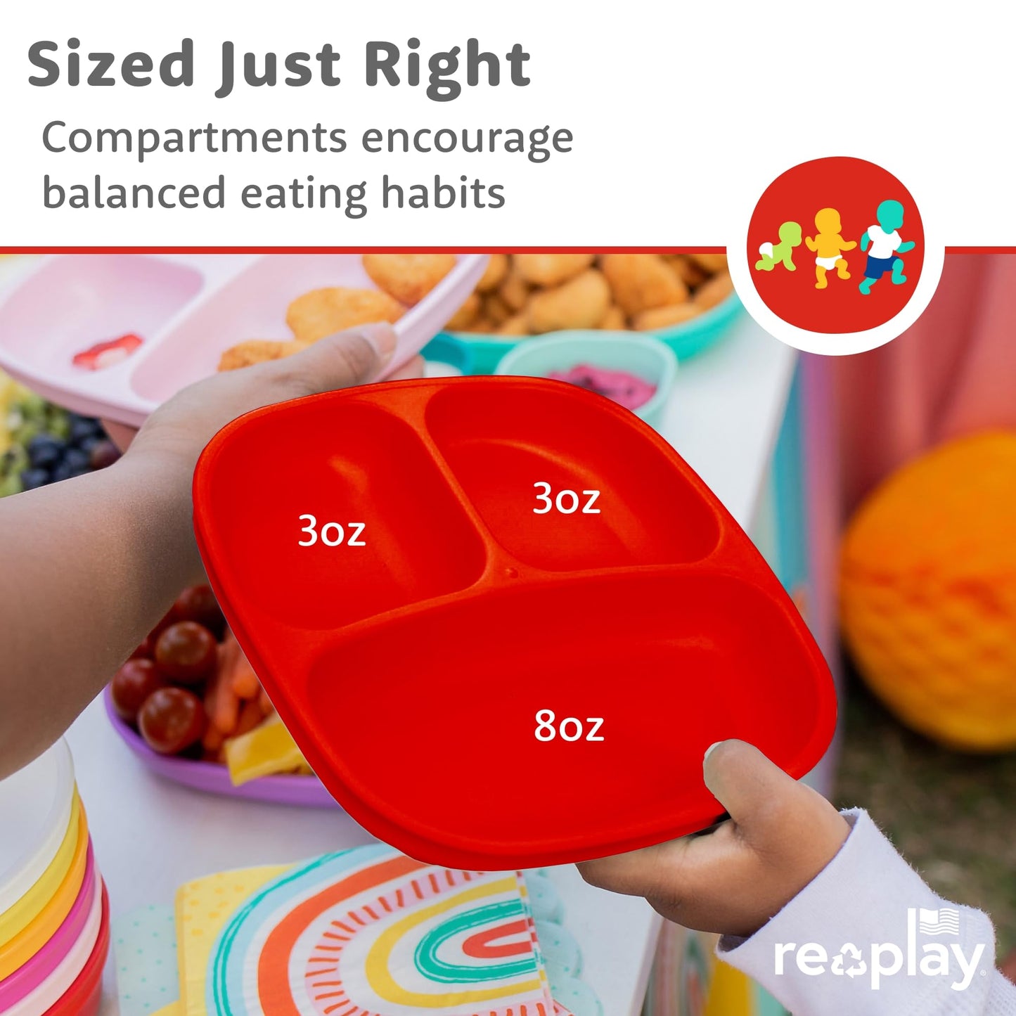 Re-Play Toddler Dinnerware Set - No-Spill Sippy Cup, 7" Divided Plate, Rounded Tip Fork and Deep Scoop Spoon - Dishwasher and Microwave Safe - Made in USA - Red