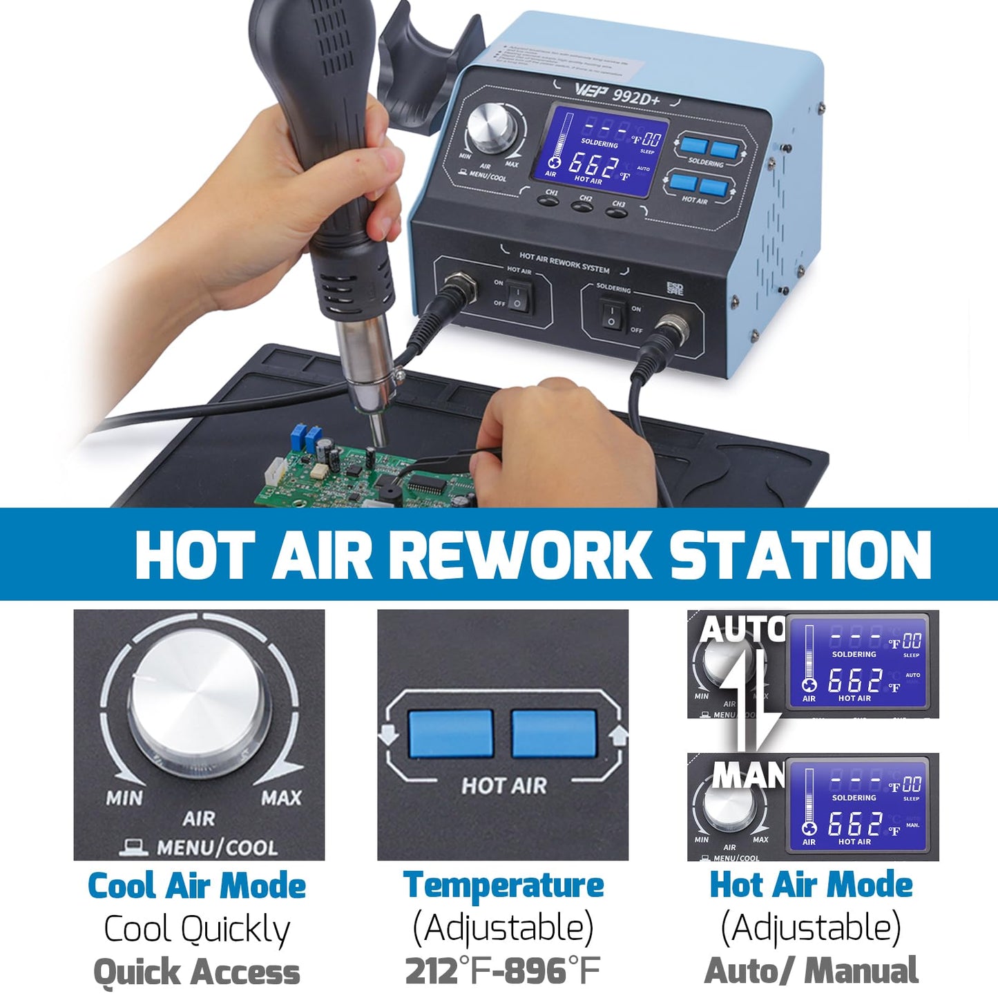 WEP 992D+ 2-in-1 Soldering Iron Kit and Hot Air Rework Station with 3 Preset Channels, LCD Display, Interchangeable Handles, Sleep Mode, X-2 Iron Holder, 5 Iron Tips, Desoldering Pump and Tweezers