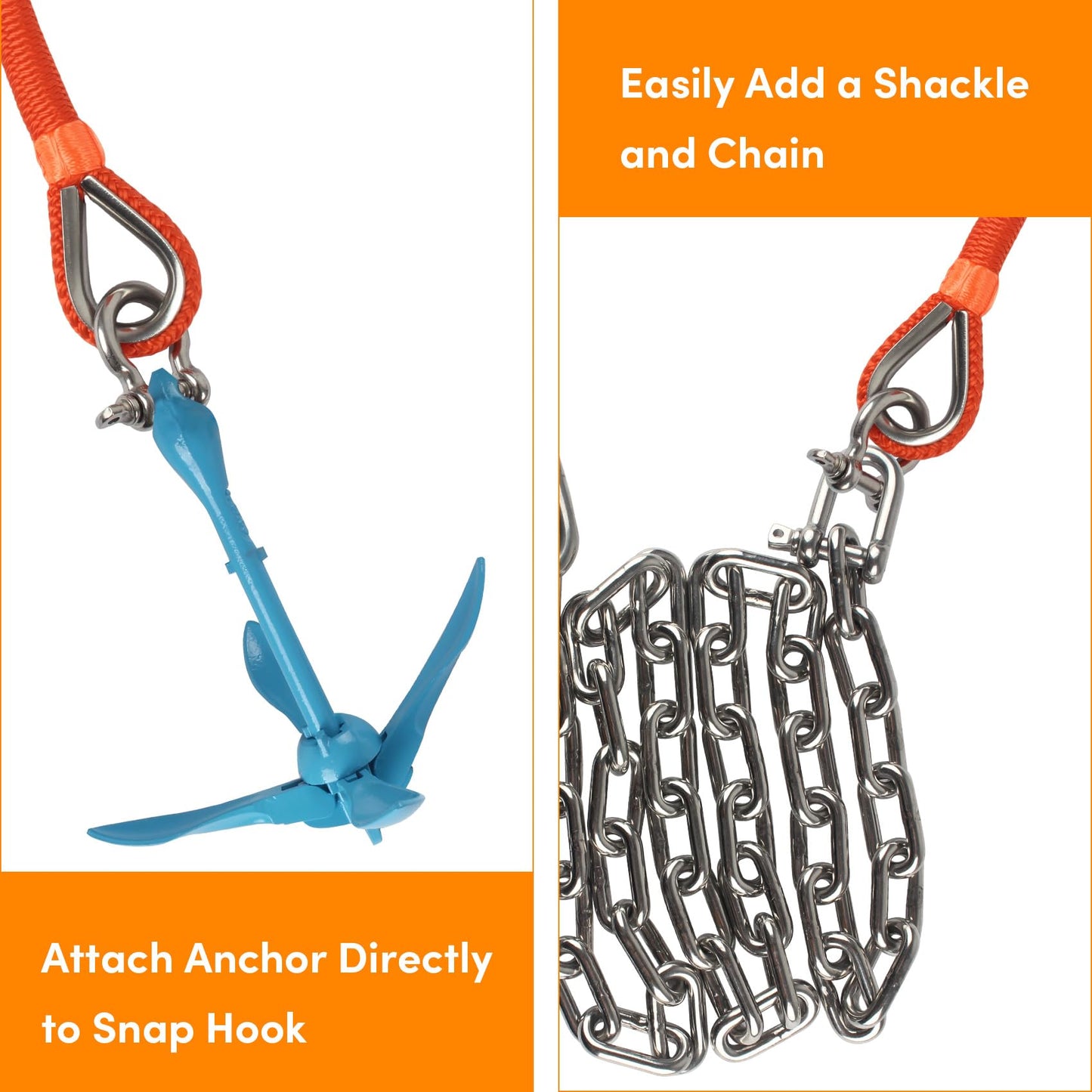 Anchor Rope 50 ft X 1/2 inch, Double Braided Anchor Line, Boat Rope with Stainless Steel Thimble and Shackle for Boating, Anchoring, Mooring, Pulling (Orange)