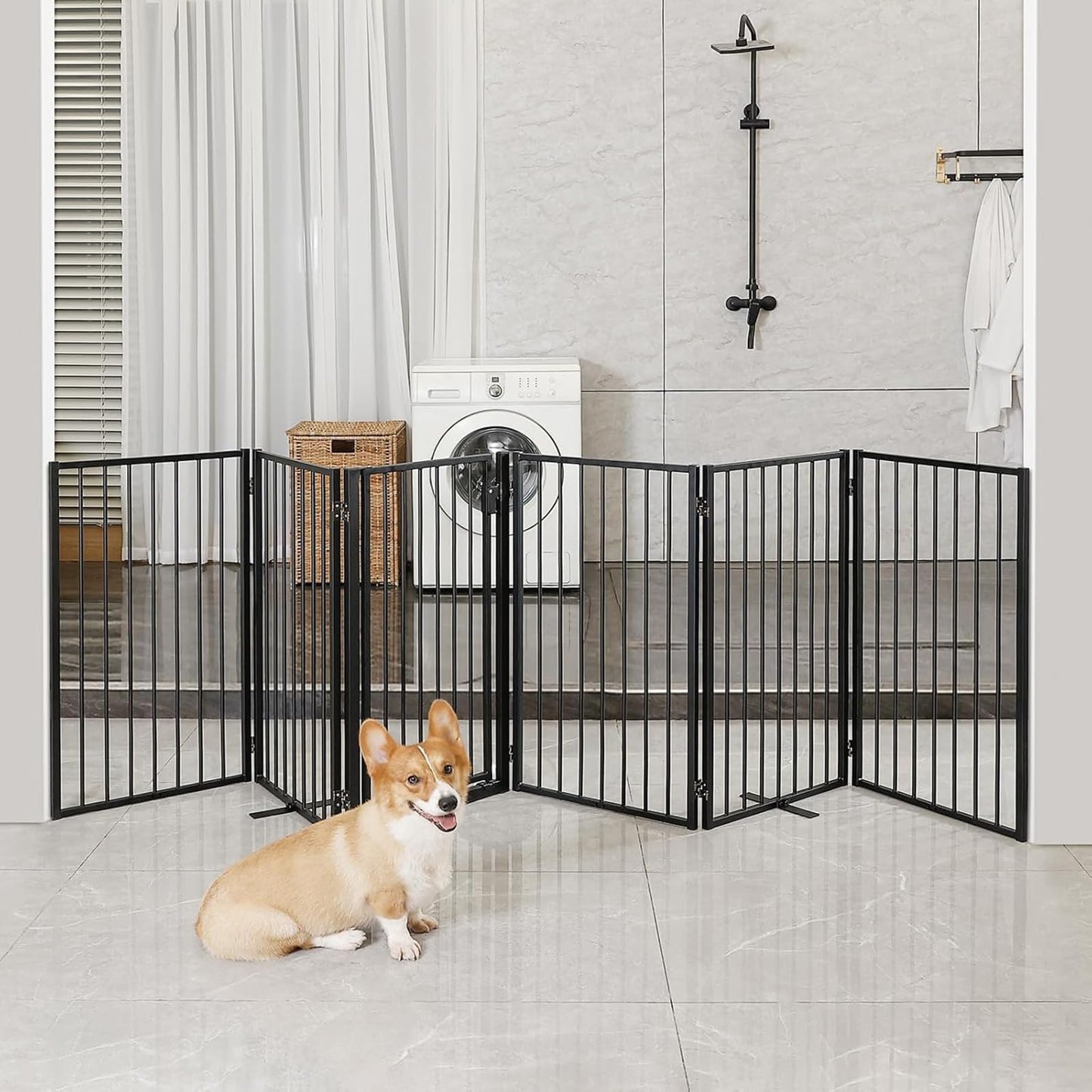 Metal Freestanding Dog Gates with Door for Outdoor Indoor,120'' Extra Wide 36'' Tall Free Standing Dog Gate for Doorways,Large Openings,Deck,Yard,Porch,Foldable Safety Pet Fence(Black,6 Panels)