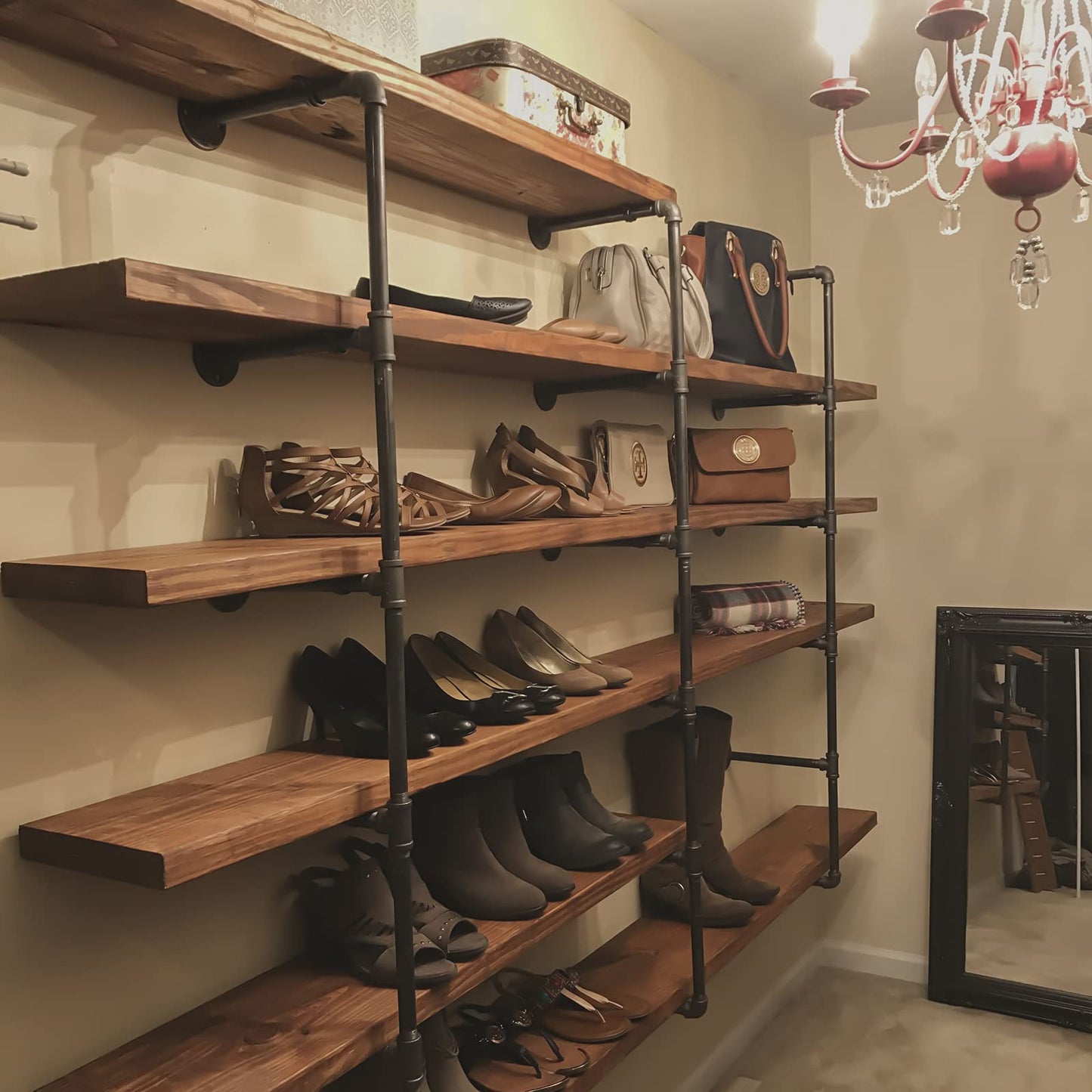 HITOMEN Industrial Iron Pipe Shelves, 3 Set 5-Tier, 55" Tall, 12" Depth, DIY Open Bookshelf Bookcase, Wall Mounted Vintage Retro Shelving, Rustic Farmhouse Pantry Kitchen Storage, Black Shelf Brackets