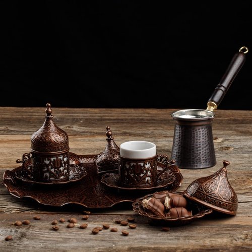 DEMMEX Turkish Greek Arabic Coffee Making and Serving Full Set with Cups Saucers Lids Sugar Bowl Tray and Copper Coffee Pot, Hand Decorated with Gold Crystals, 12 Pcs