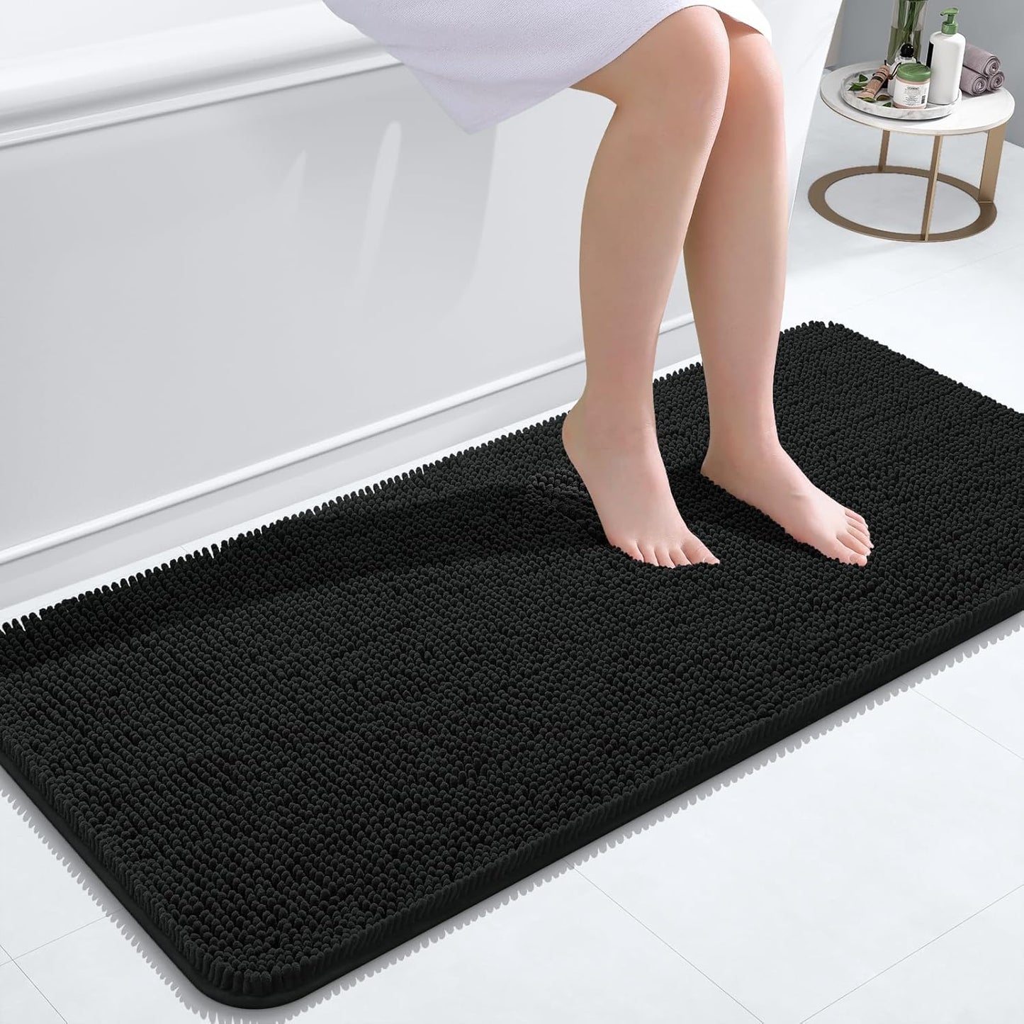 OLANLY Bathroom Rugs - Extra Soft Absorbent Chenille Mats | Quick-Dry, Machine Washable, 47x20", Black